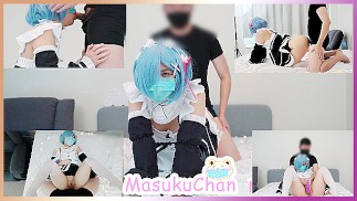 Cute meisje met masker cosplay Rem speeltjes, werd geneukt en kwam klaar in de mond