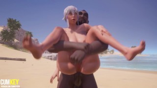 曲線美のブロンドのベイブは黒くなりました| ビーチで妊娠する| 3Dポルノワイルドライフ
