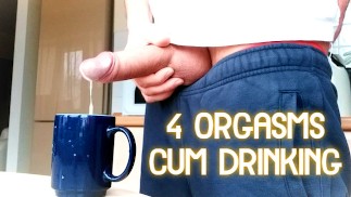 4 orgasms filling cup with cum and cum drinking