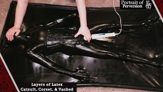 Sealed & Teased in Layers of Latex: Slut Enjoys Breath Play & Orgasms in a Catsuit, Corset, & Vacbed