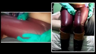 Bootjob & Thighjob od Riding Mistress v kožených kalhotách a kožených jezdeckých botách v latexových rukavicích