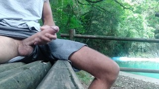 The Guy Takes a Risk and Masturbates on the Public Bench of the Pool and Almost Gets Caught Cumming