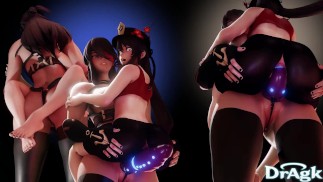 Hutao X Beidou Strap on Sex Genshin Impact Dragon Dildo Böser Drache