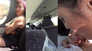 冒险我在公共汽车上吮吸我继兄弟的鸡巴，一对真正的情侣抓住了我们~真正的业余爱好者