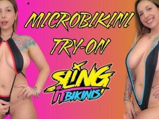 Dziewczyna z Dużymi Naturalnymi Cyckami Przymierza WIĘCEJ Micro Bikini (Sling it Bikini Try-on Haul)