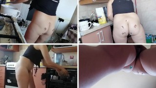 Brunette hairy pussy, big tits, big ass. Sexy wife in the kitchen naked.