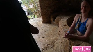 Beautiful girlfriend Jade Kink sucking boyfriend big dick in public sauna